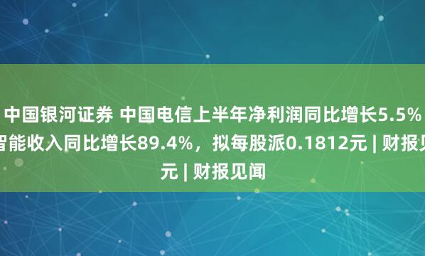 中国银河证券 中国电信上半年净利润同比增长5.5%，智能收入同比增长89.4%，拟每股派0.1812元 | 财报见闻